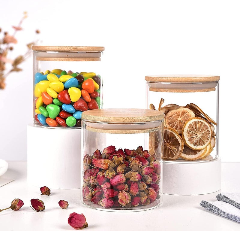 TADRUP 270ml Round Glass Jars Pack of 4 Rustic Natural Minimalistic Kitchen Storage Jars with Airtight Wooden Lids Borosilicate Glass Food Storage Containers for Spices Coffee Tea Pasta Rice - Image 4