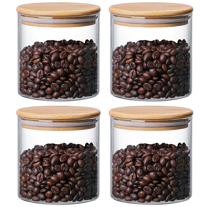 TADRUP 270ml Round Glass Jars Pack of 4 Rustic Natural Minimalistic Kitchen Storage Jars with Airtight Wooden Lids Borosilicate Glass Food Storage Containers for Spices Coffee Tea Pasta Rice - Image 1