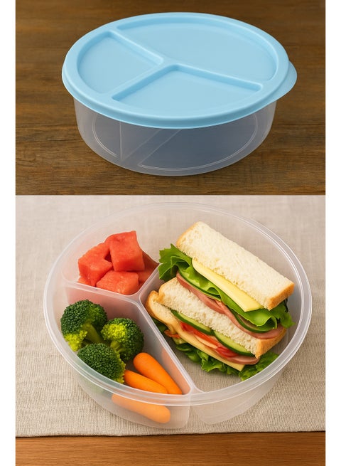 Deep round lunch box with 3 compartments and a snap-on lid - practical design for storing food and sandwiches - Code 1383 - light blue color