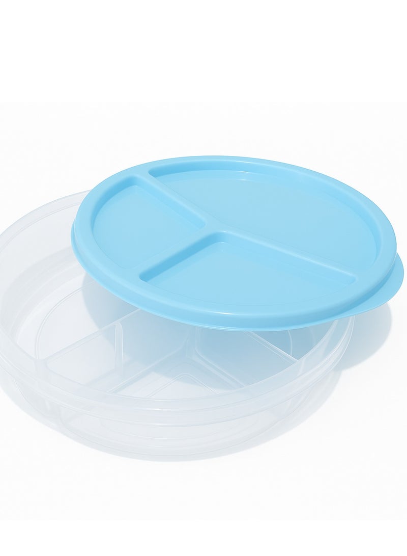 Deep round lunch box with 3 compartments and a snap-on lid - practical design for storing food and sandwiches - Code 1383 - light blue color