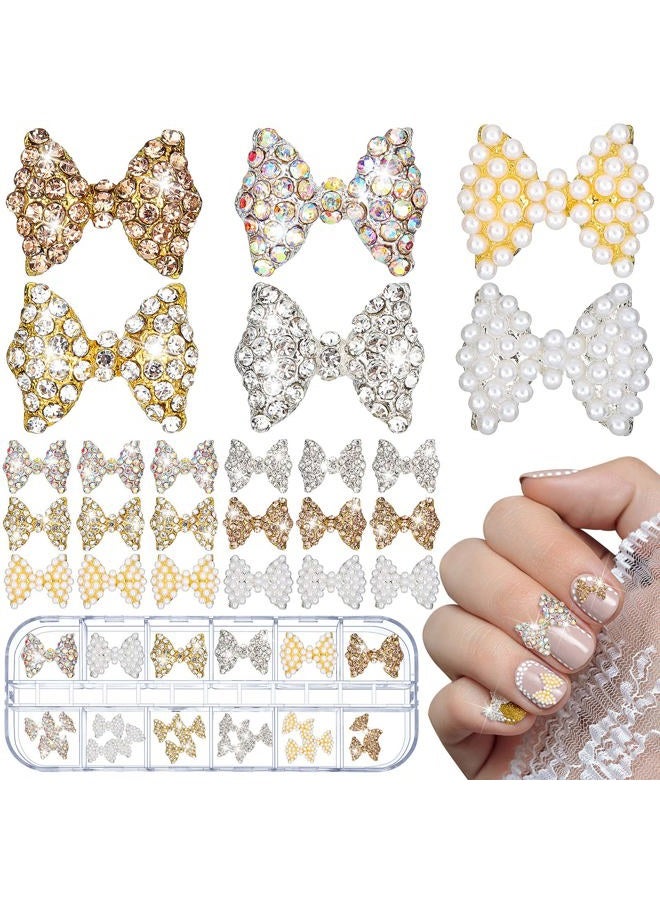 Maitys 24 Pieces 3D Nail Bows Charms Christmas Rhinestones 3D Nail Charms Nail Bow Charms Alloy Pearl Bowknot Nail Accessory for Women Girls Nail Salon DIY Nail Decorations (Assorted Colors) - Image 1