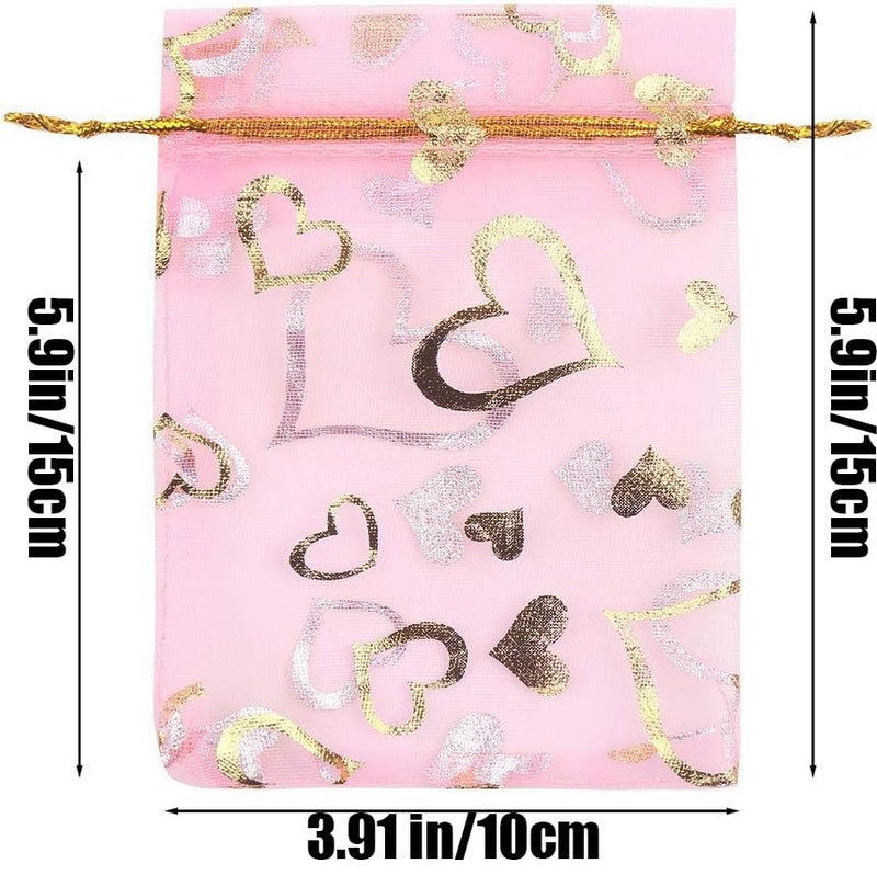 FOIMAS 100pcs Heart Organza Gift Bags,4x6 Inch Pink Drawstring Jewelry Pouch Bag for Valentine's Day Wedding Party Favor - Image 1