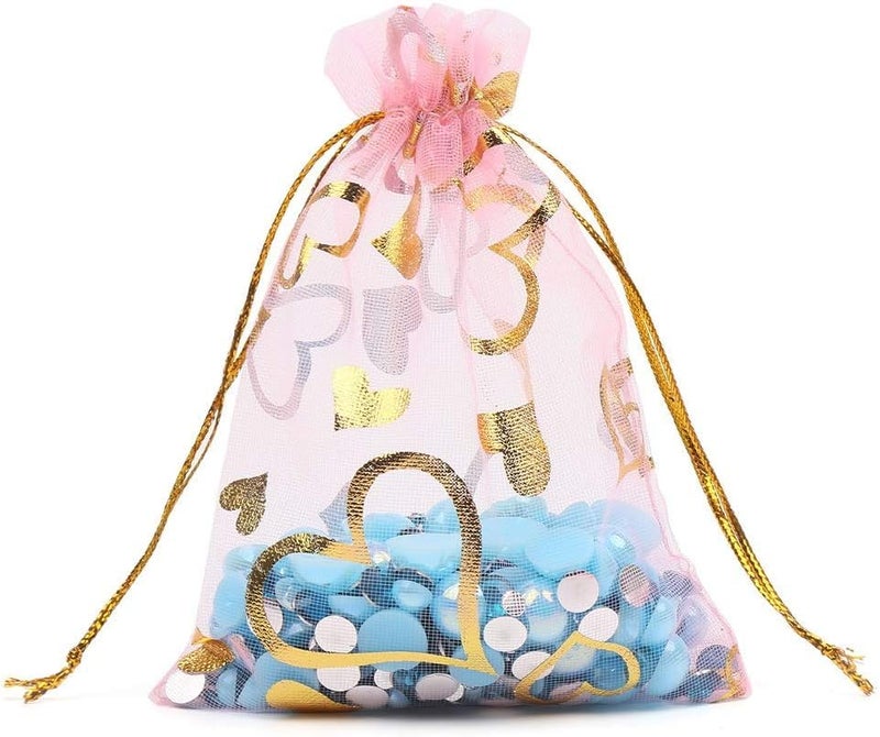 FOIMAS 100pcs Heart Organza Gift Bags,4x6 Inch Pink Drawstring Jewelry Pouch Bag for Valentine's Day Wedding Party Favor - Image 2