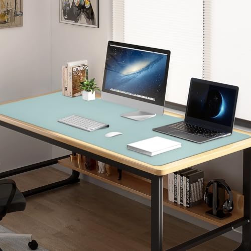 AROPANA Vegan Leather Desk Mat | Large Reversible Mouse Pad & Computer Table Protector | Dual-Side Waterproof Extended Laptop Pad with Edge-Stitched Design (120x60CM, Light Green and Blue) - Image 2