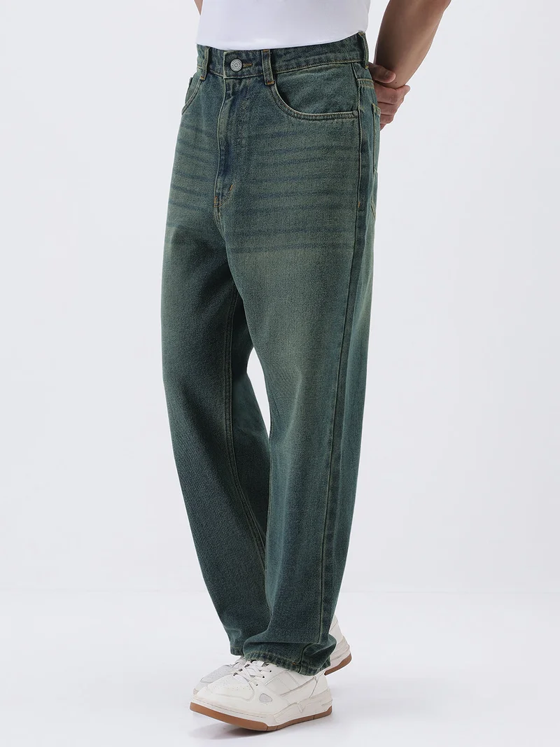 Urbano Fashion  Urbano Fashion Men's Light Blue Loose Baggy Fit Heavy Washed Jeans Non-Stretchable  | Best Price UAE