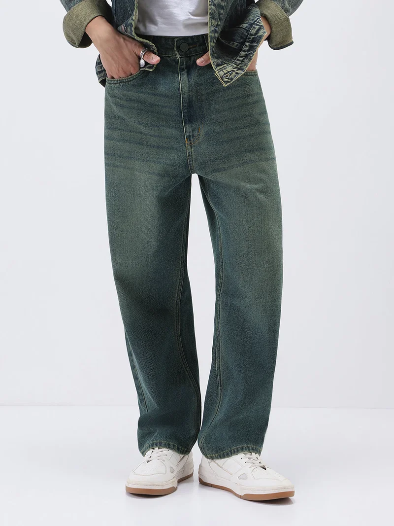 Urbano Fashion Men's Light Blue Loose Baggy Fit Heavy Washed Jeans Non-Stretchable