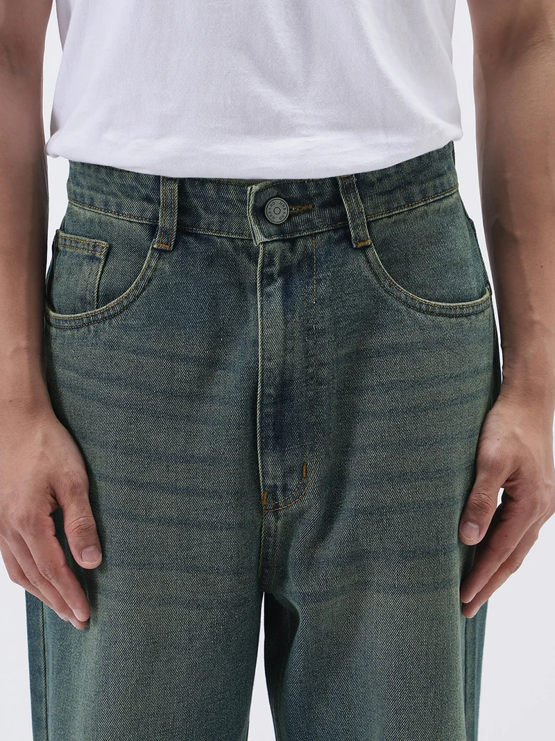 Urbano Fashion  Urbano Fashion Men's Light Blue Loose Baggy Fit Heavy Washed Jeans Non-Stretchable  | Best Price UAE