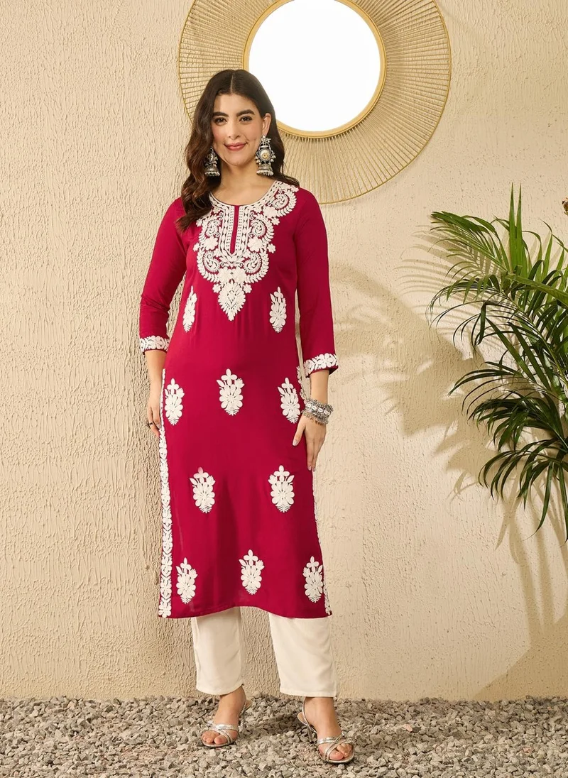 زيري سوق Red Viscose Rayon Solid Embroidered Straight Kurta