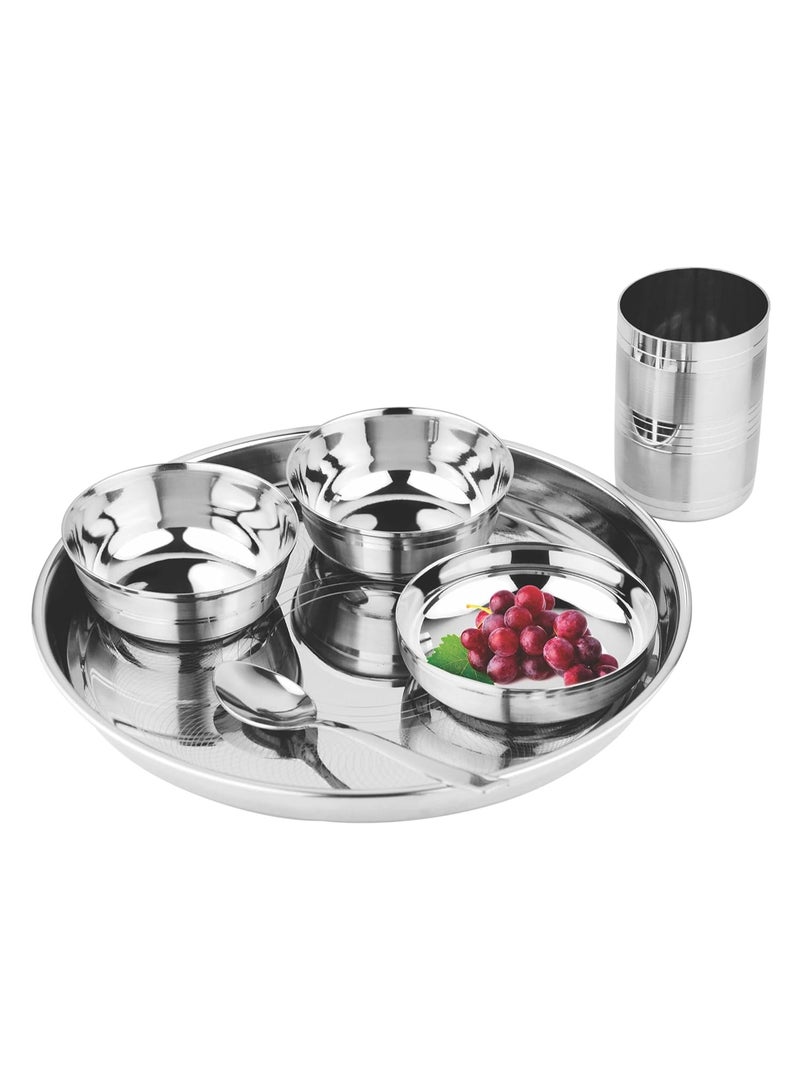Prabha Stainless Steel Alina Thali Set Laser Ultimate Home & Kitchen Companion 1 thali (3 Bowls) 1 Glass and 1 Spoon Authentic Indian Dining Collection - Silver Dinner Set - Image 1