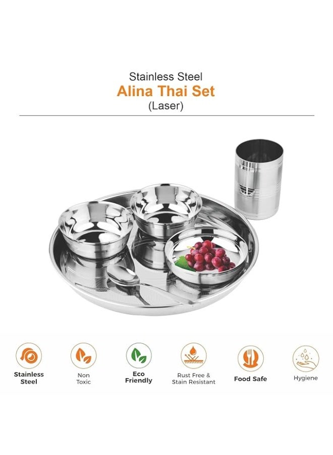 Prabha Stainless Steel Alina Thali Set Laser Ultimate Home & Kitchen Companion 1 thali (3 Bowls) 1 Glass and 1 Spoon Authentic Indian Dining Collection - Silver Dinner Set - Image 3