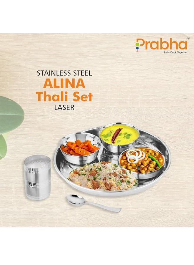 Prabha Stainless Steel Alina Thali Set Laser Ultimate Home & Kitchen Companion 1 thali (3 Bowls) 1 Glass and 1 Spoon Authentic Indian Dining Collection - Silver Dinner Set - Image 2