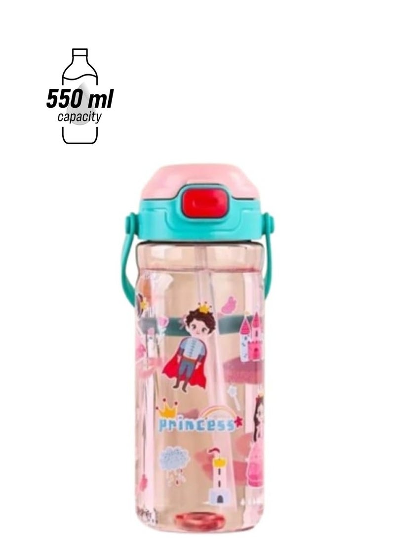 UKR Kids Button Straw Water Bottle 550 ml Girls Pink Princess Theme Leakproof School Kids 18 oz Automatic Drinking Bottle Toddlers Press On Refillable BPA free
