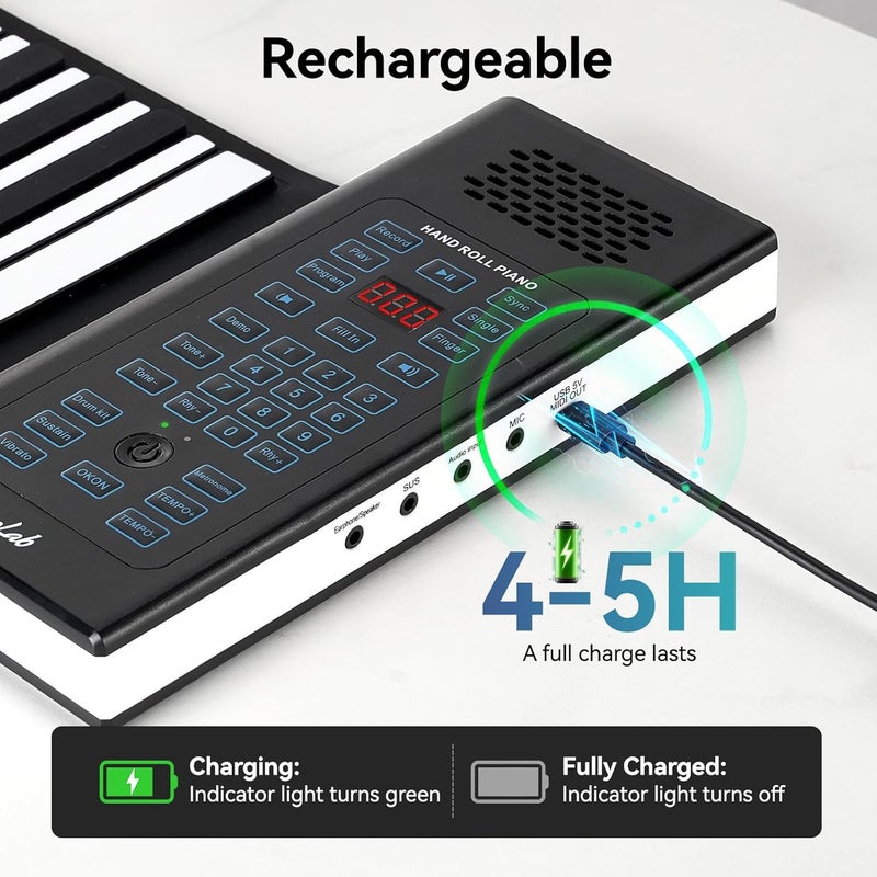 POGOLAB 88 Keys Roll Up Keyboard Piano, Portable Electric Foldable Piano with Sustain Pedal, 20 Songs, 128 Tones, 128 Rhythms, Rechargeable & Wireless BT, Music Gift for Beginners (with LED Display) - Image 4