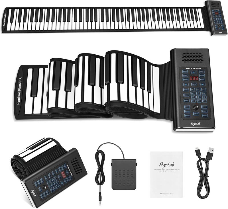 POGOLAB 88 Keys Roll Up Keyboard Piano, Portable Electric Foldable Piano with Sustain Pedal, 20 Songs, 128 Tones, 128 Rhythms, Rechargeable & Wireless BT, Music Gift for Beginners (with LED Display) - Image 1