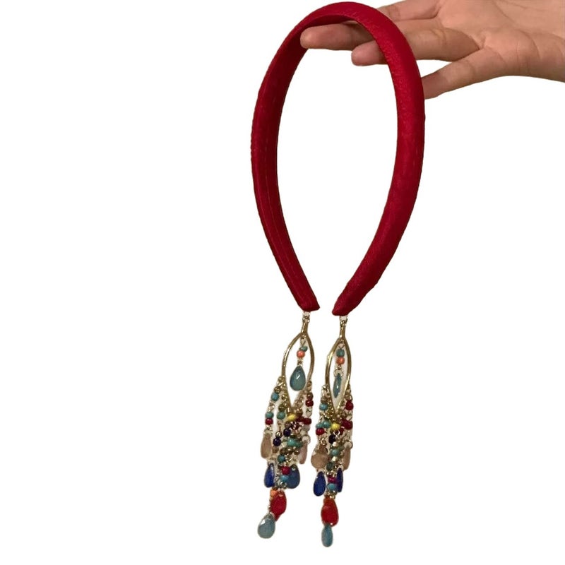 Bohemian Red Tassel Headband with Beads - Image 5