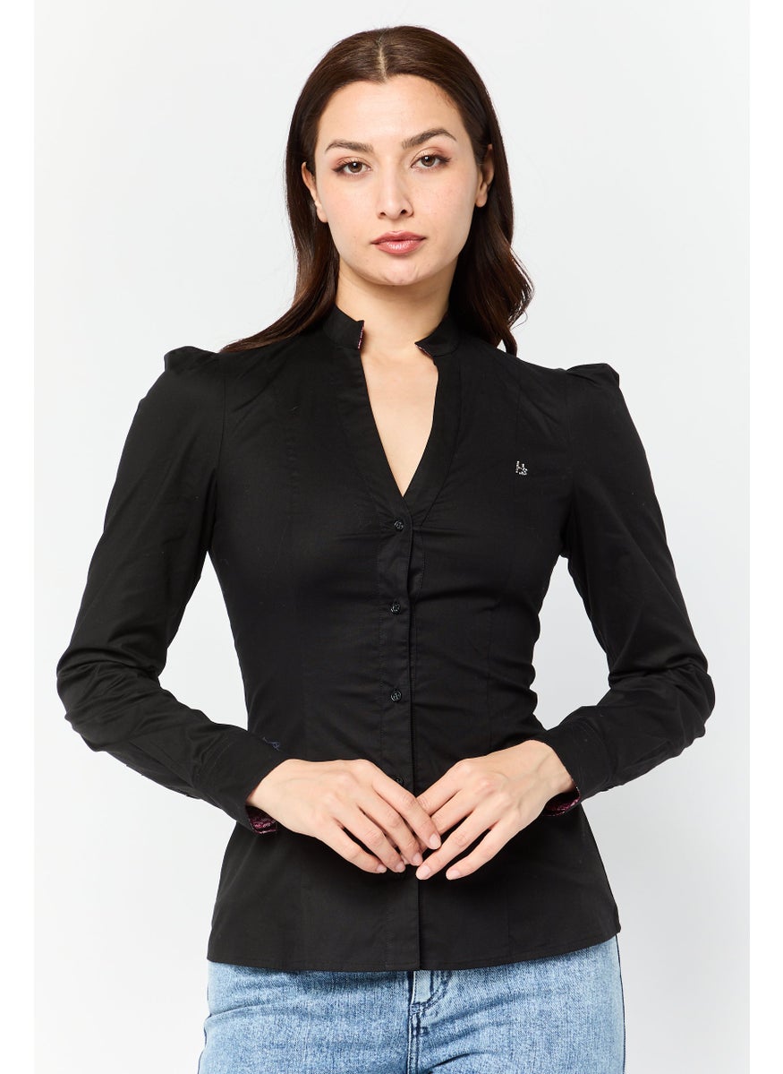 Harmont & Blaine Women V-Neck Long Sleeve Solid Shirt, Black  - Image 1