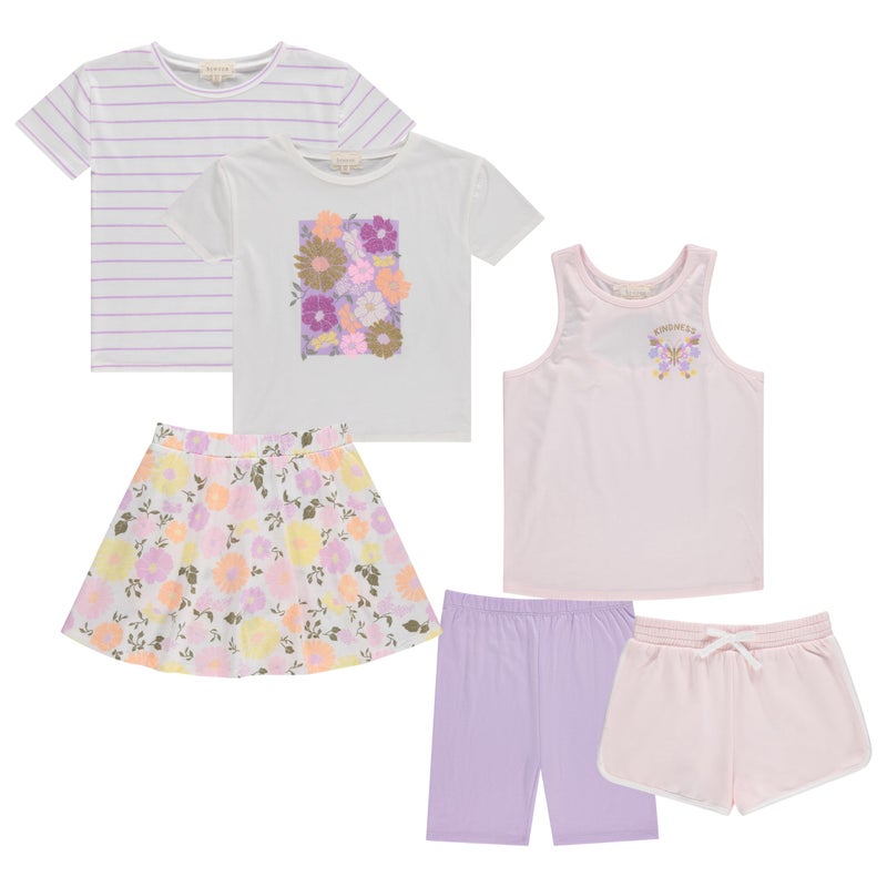 BTween Girls 6 Pack Casual Outfit Bundle with Ruffle Sleeve Tees, Peplum Tank Top, Skirt, Dolphin and Biker Shorts - Image 1
