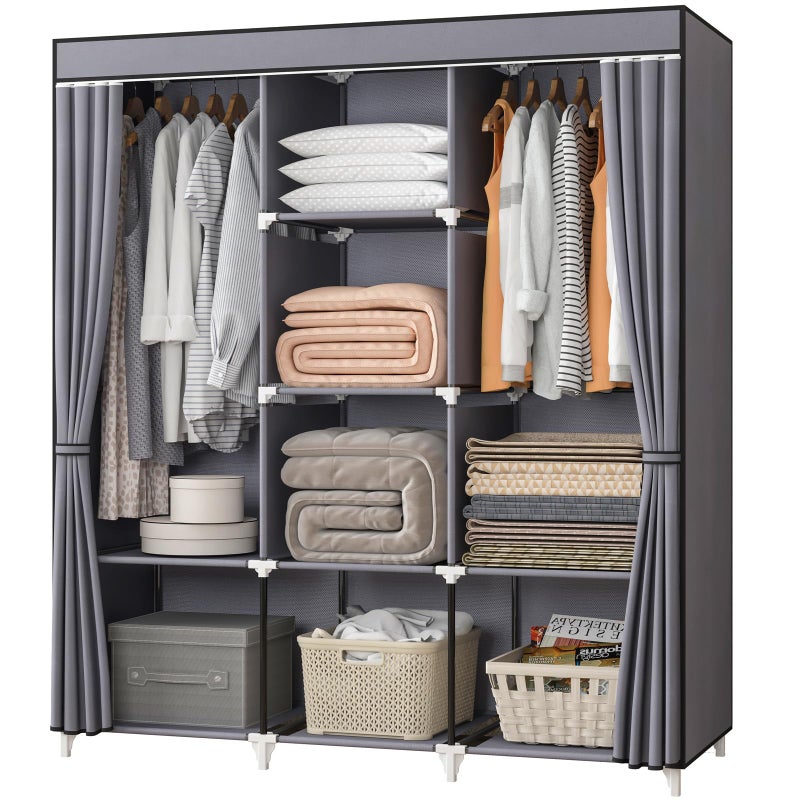 KEKIWE Portable Closet, 51 Inch Wardrobe Closet for Hanging Clothes with 2 Hanging Rods, 8 Storage Organizer Shelves for Bedroom, Durable and Easy to Assemble, Grey - Image 1