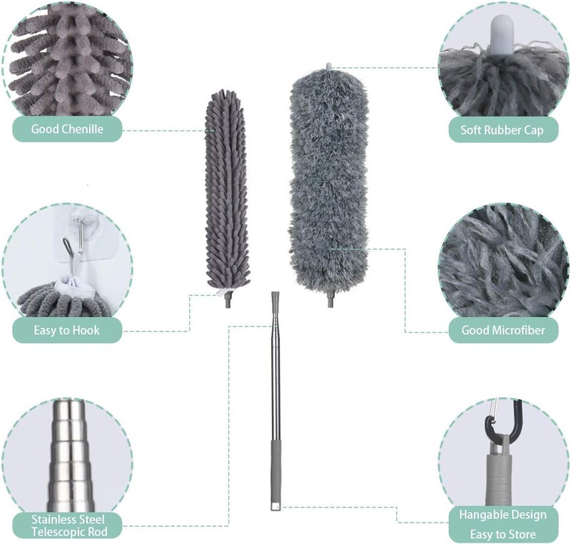 Vicloon Feather Duster Extendable, 2-in-1 100 Inches Microfiber Duster Includes 2 Heads, Cleaning Steel Telescopic Duster with Bendable and Window Slot Cleaning Brush Hand for Cleaning Fans, Cars - Image 3