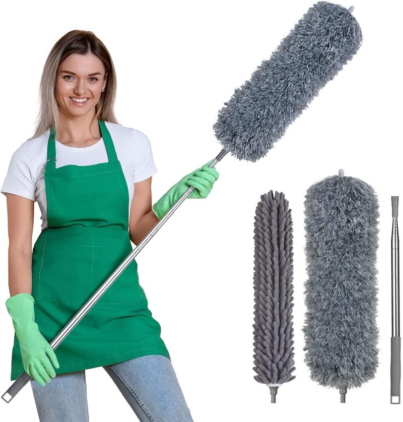 Vicloon Feather Duster Extendable, 2-in-1 100 Inches Microfiber Duster Includes 2 Heads, Cleaning Steel Telescopic Duster with Bendable and Window Slot Cleaning Brush Hand for Cleaning Fans, Cars - Image 1