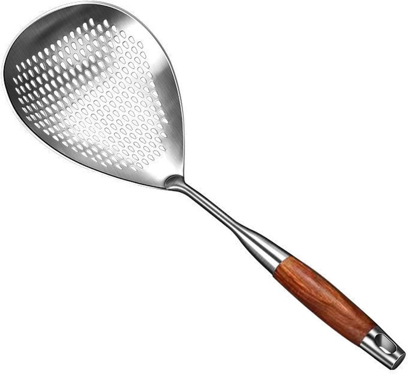Elvana Large Skimmer Slotted Spoon – 304 Stainless Steel Skimmer Spoon with Wooden Handle – Deep Fryer Scoop Heat Resistant Ladle for Frying, Cooking & Draining – Kitchen Strainer Tool - Image 1