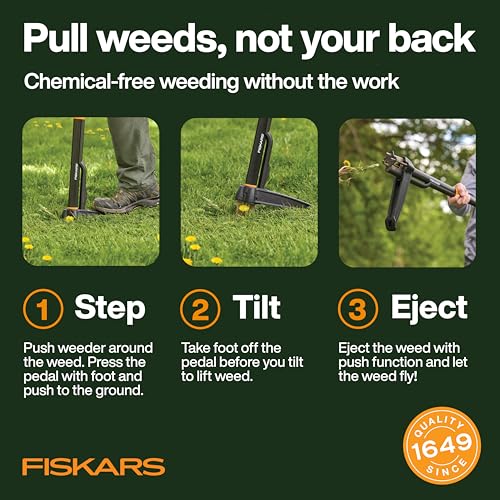 Fiskars StandUp Weed Puller Tool 4 Serrated Stainless Steel Claws Grip Roots for Permanent Removal Reinforced Foot Platform Penetrates Tough Soil EasyEject Ergonomic Offset Handle 39 - Image 3