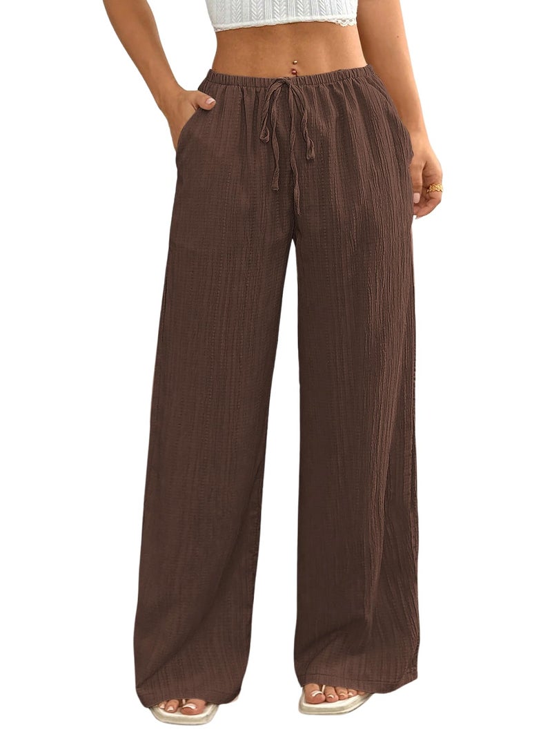 MakeMeChic Women's Casual Wide Leg Pants Summer Beach Palazzo Pants Brown Medium - Image 1