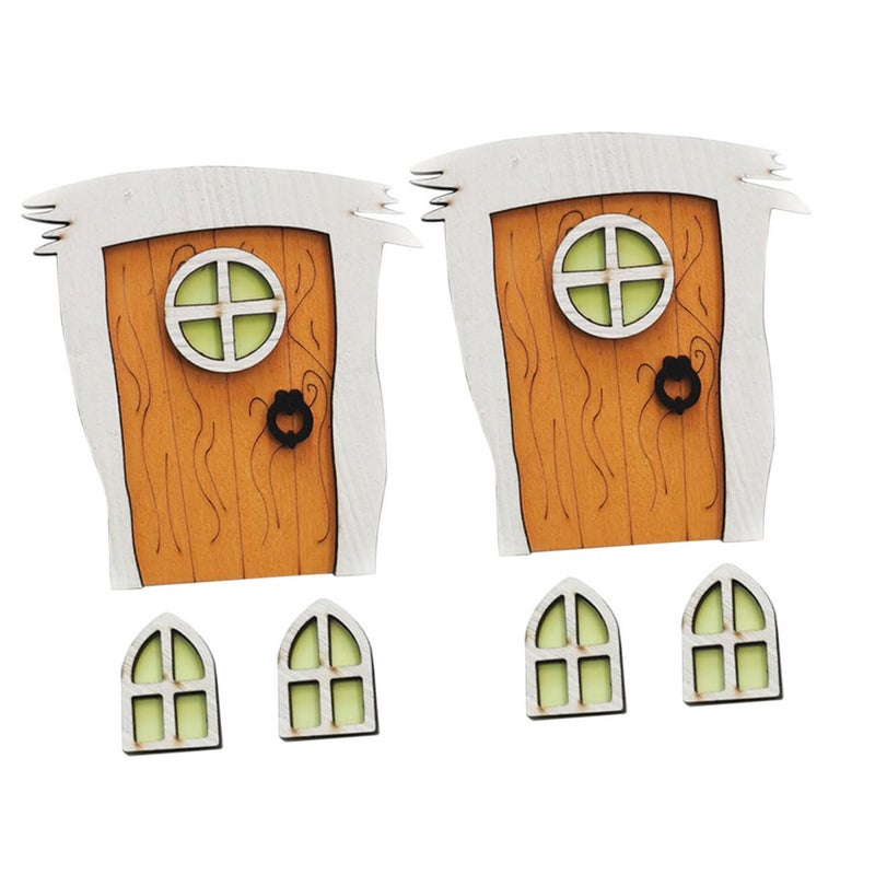 Fairy Garden Decor Set Wooden Door Window Model Fluorescent Outdoor Statue - Image 2