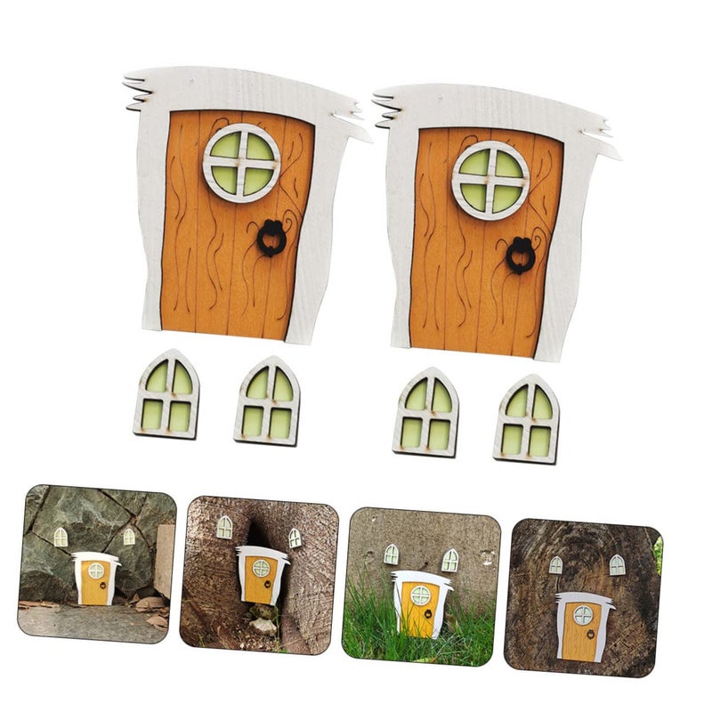 Fairy Garden Decor Set Wooden Door Window Model Fluorescent Outdoor Statue - Image 4