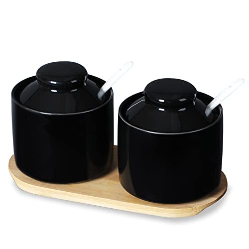 ONTUBE Ceramic Sugar Bowl with Lid and Spoon Set of 2Porcelain Seasoning Box Salt Bowl with Tray8oz Black