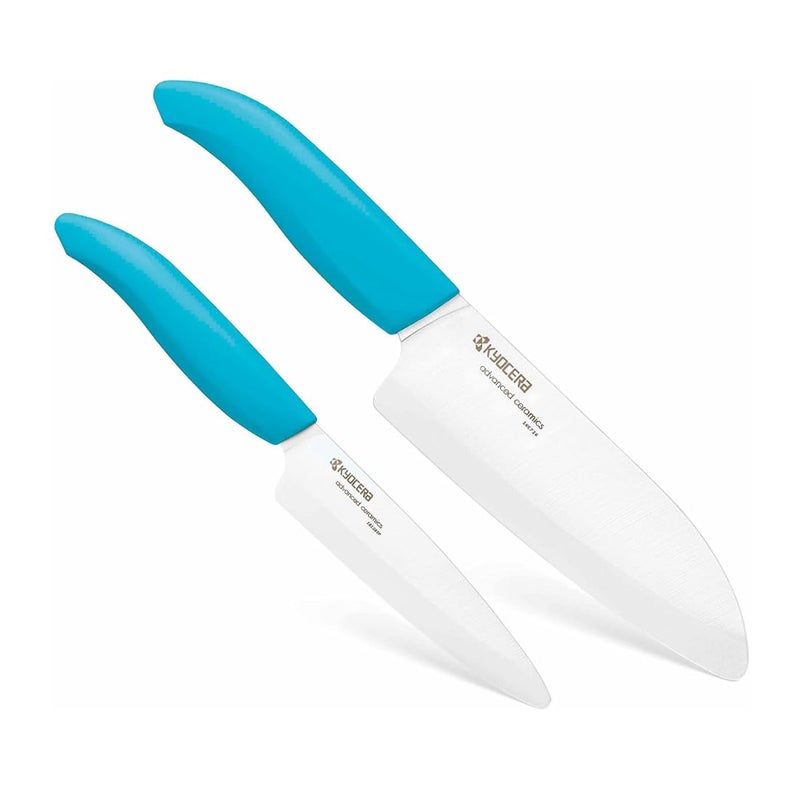 KYOCERA KYOCERA Revolution 2-Piece Ceramic Knife Set: Chef Knife For Your Cooking Needs, 5.5" Santoku and 4.5" Utility Knife, White Blades with Blue Handles, White/Blue  - Image 1