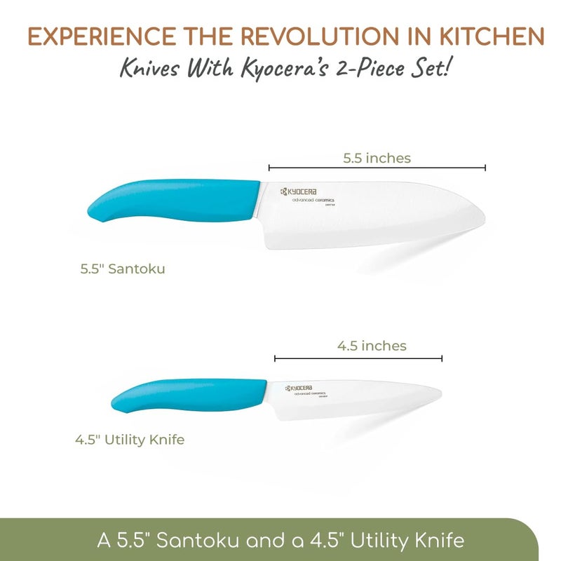 KYOCERA KYOCERA Revolution 2-Piece Ceramic Knife Set: Chef Knife For Your Cooking Needs, 5.5" Santoku and 4.5" Utility Knife, White Blades with Blue Handles, White/Blue  - Image 2