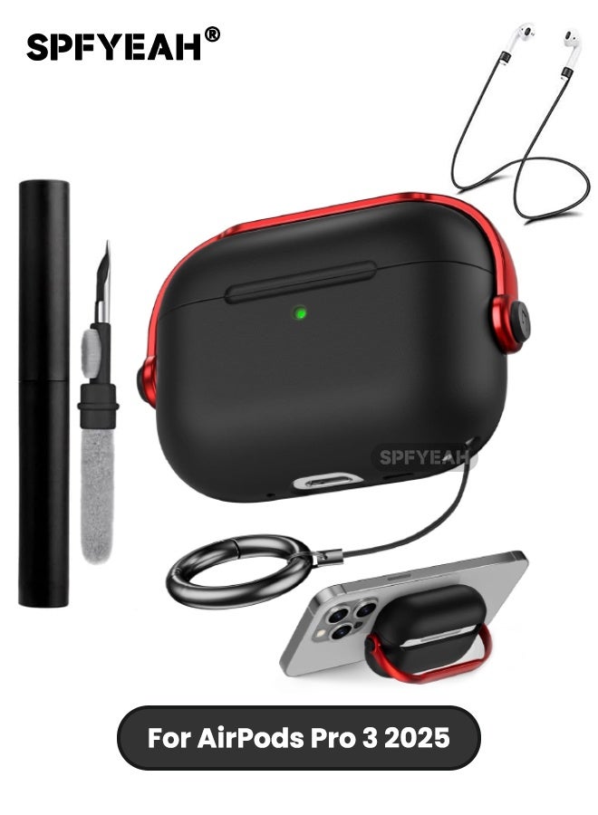 SPFYEAH AirPods Pro 3rd Generation Case Cover, with Safety Lock & Keychain Ring & Cleaner kit & Magnetic Anti-Lost Strap, Music Headset Design, Front LED Visible, Shockproof Protective Cover for AirPods Pro 3 (2025), Black/Red - Image 1