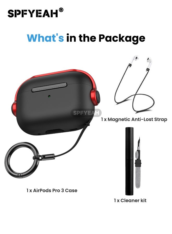 SPFYEAH AirPods Pro 3rd Generation Case Cover, with Safety Lock & Keychain Ring & Cleaner kit & Magnetic Anti-Lost Strap, Music Headset Design, Front LED Visible, Shockproof Protective Cover for AirPods Pro 3 (2025), Black/Red - Image 3