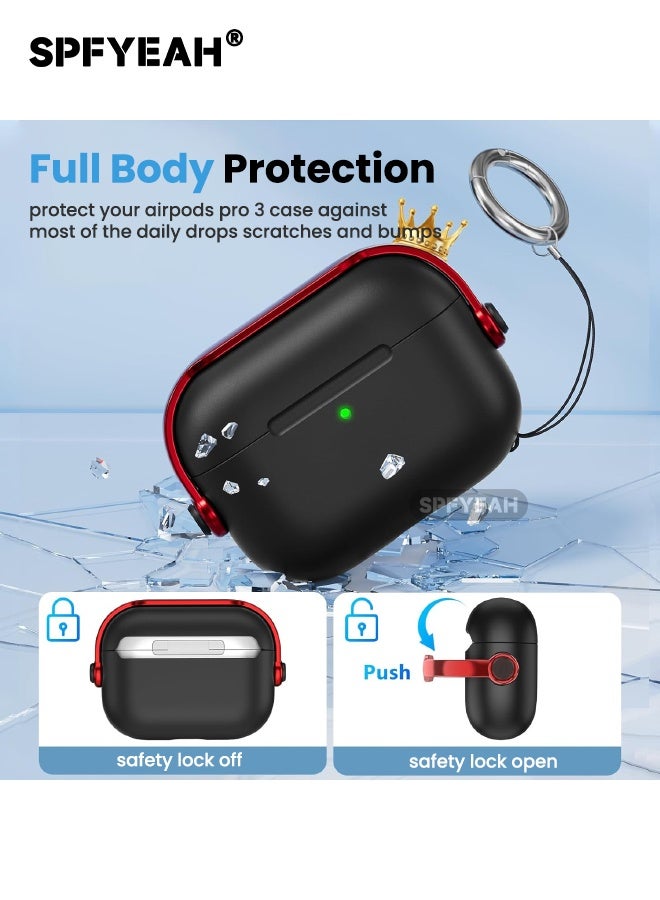 SPFYEAH AirPods Pro 3rd Generation Case Cover, with Safety Lock & Keychain Ring & Cleaner kit & Magnetic Anti-Lost Strap, Music Headset Design, Front LED Visible, Shockproof Protective Cover for AirPods Pro 3 (2025), Black/Red - Image 4