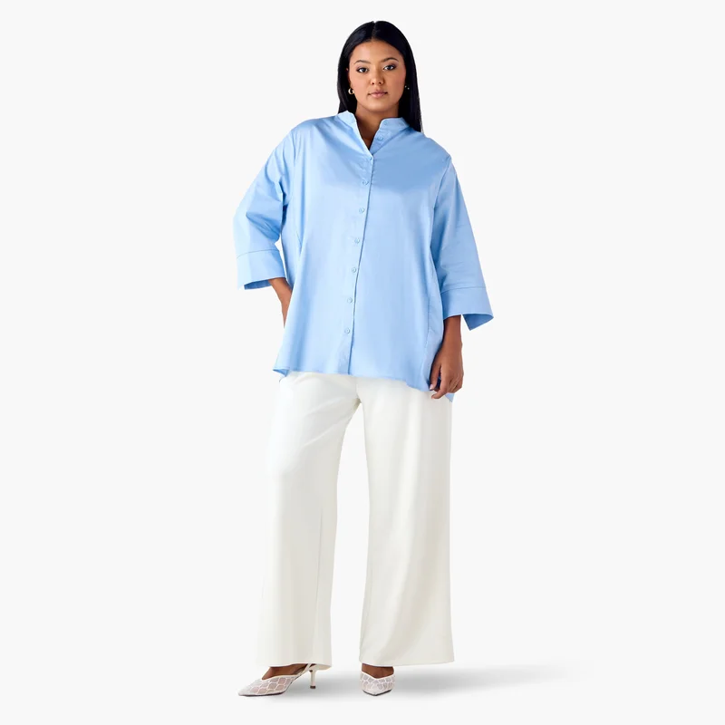 Ulla Popken Plus Size Ulla Popken Shirt with Mandarin Collar and 3/4 Sleeves