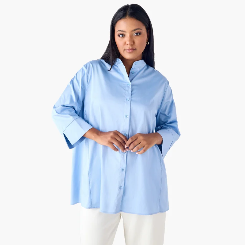 Ulla Popken Plus Size Ulla Popken Shirt with Mandarin Collar and 3/4 Sleeves