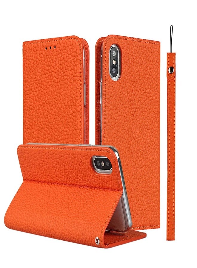 iCoverCase Genuine Leather Wallet Case for iPhone Xs Max with Wrist Strap, Card Holder, Magnetic Closure, Kickstand (Orange) - Image 1