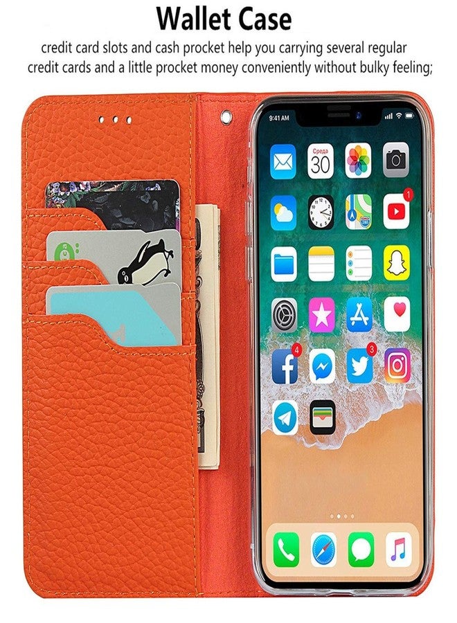 iCoverCase Genuine Leather Wallet Case for iPhone Xs Max with Wrist Strap, Card Holder, Magnetic Closure, Kickstand (Orange) - Image 5