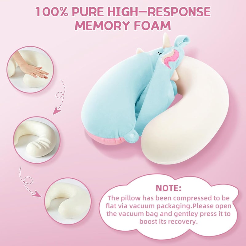 OBloved Toddler Neck Pillow, Kids Travel Neck Pillow for Traveling with Eye Mask, Toddler Cute Unicorn Airplane Travel Essentials, Memory Foam Car Flight Sleeping Headrest for Baby Boy Girl Child Gift (Blue) - Image 3
