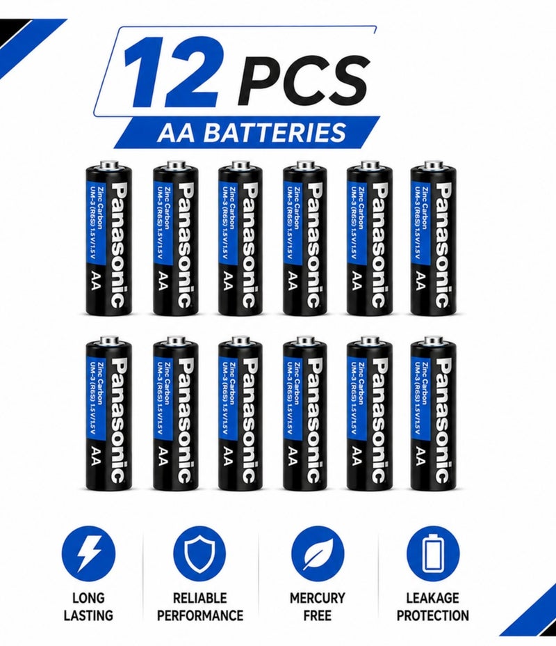 12 PCS Panasonic AA General Purpose Zinc Carbon Batteries, 1.5V, Original Anti-Leak Long Lasting Batteries for Remote Controls, Toys, Clocks & Household Electronics