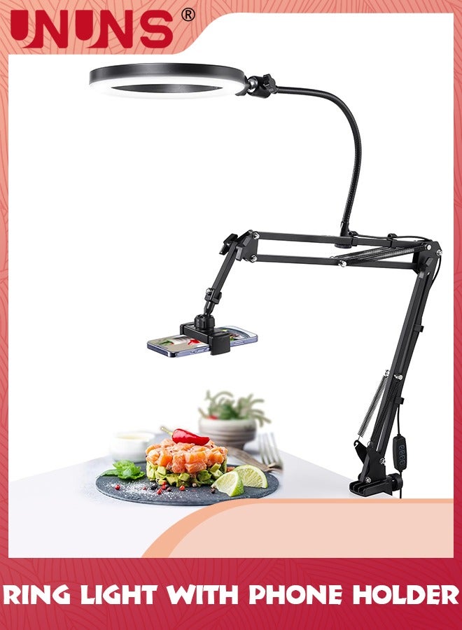 UNUNS طقم إضاءة حلقية علوية، 10.3 بوصة (26 سم) إضاءة حلقية مع ذراع رافعة عالية التحمل وحامل هاتف، زاوية قابلة للتعديل، مناسبة لتسجيل الفيديو والبث المباشر والرسم والمكياج والأظافر - Image 1