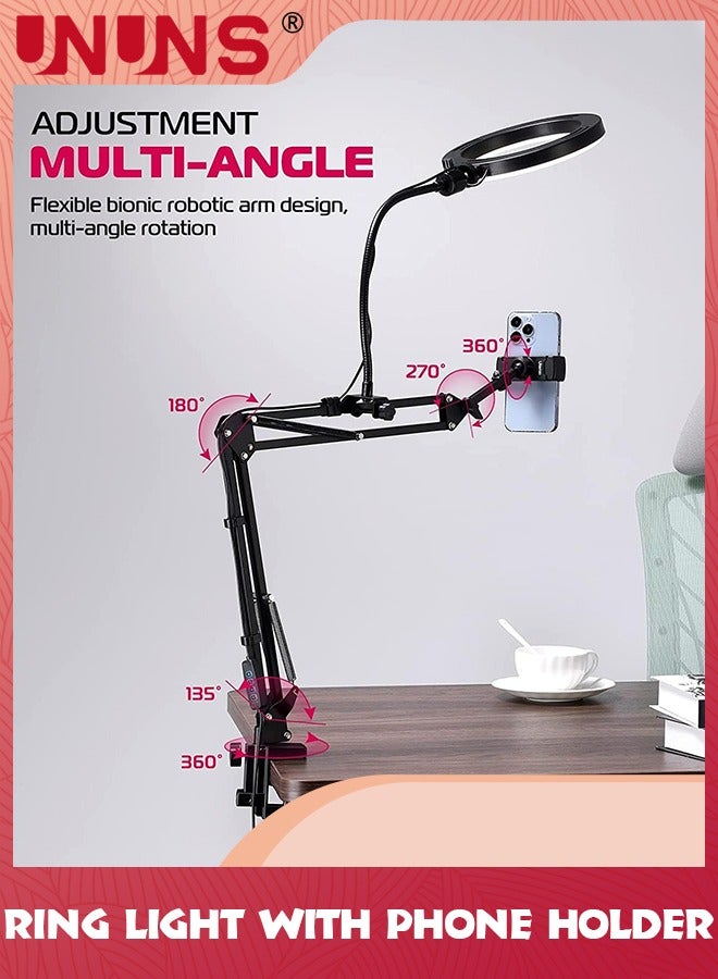 UNUNS طقم إضاءة حلقية علوية، 10.3 بوصة (26 سم) إضاءة حلقية مع ذراع رافعة عالية التحمل وحامل هاتف، زاوية قابلة للتعديل، مناسبة لتسجيل الفيديو والبث المباشر والرسم والمكياج والأظافر - Image 2