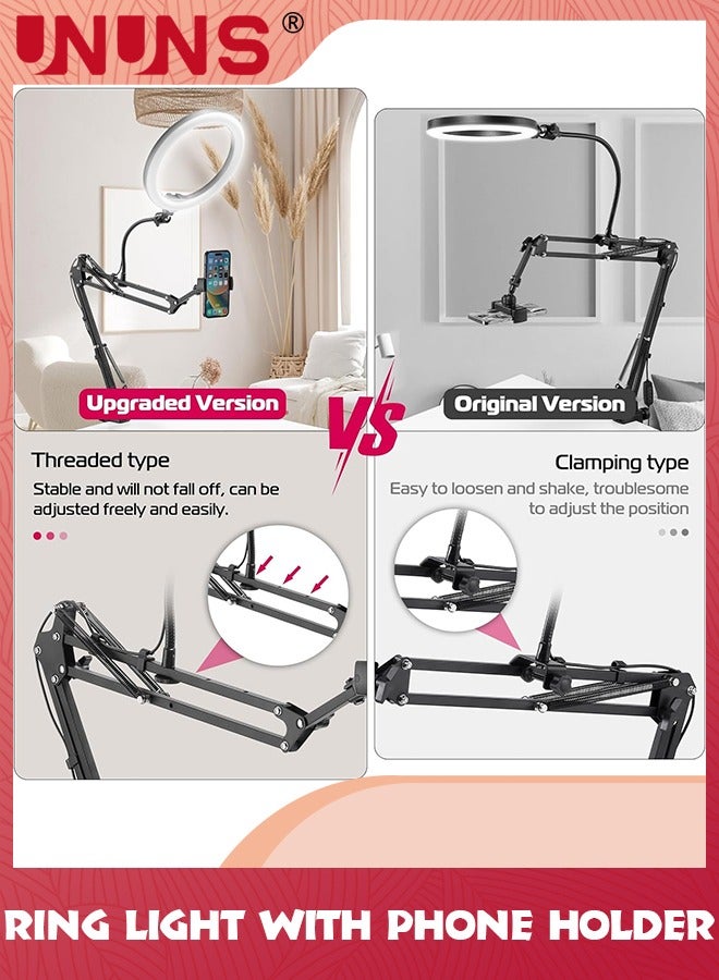 UNUNS طقم إضاءة حلقية علوية، 10.3 بوصة (26 سم) إضاءة حلقية مع ذراع رافعة عالية التحمل وحامل هاتف، زاوية قابلة للتعديل، مناسبة لتسجيل الفيديو والبث المباشر والرسم والمكياج والأظافر - Image 3