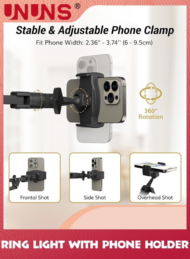 UNUNS طقم إضاءة حلقية علوية، 10.3 بوصة (26 سم) إضاءة حلقية مع ذراع رافعة عالية التحمل وحامل هاتف، زاوية قابلة للتعديل، مناسبة لتسجيل الفيديو والبث المباشر والرسم والمكياج والأظافر - Image 4