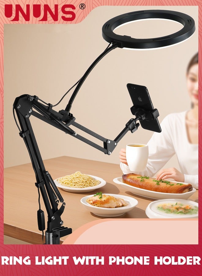 UNUNS طقم إضاءة حلقية علوية، 10.3 بوصة (26 سم) إضاءة حلقية مع ذراع رافعة عالية التحمل وحامل هاتف، زاوية قابلة للتعديل، مناسبة لتسجيل الفيديو والبث المباشر والرسم والمكياج والأظافر - Image 5