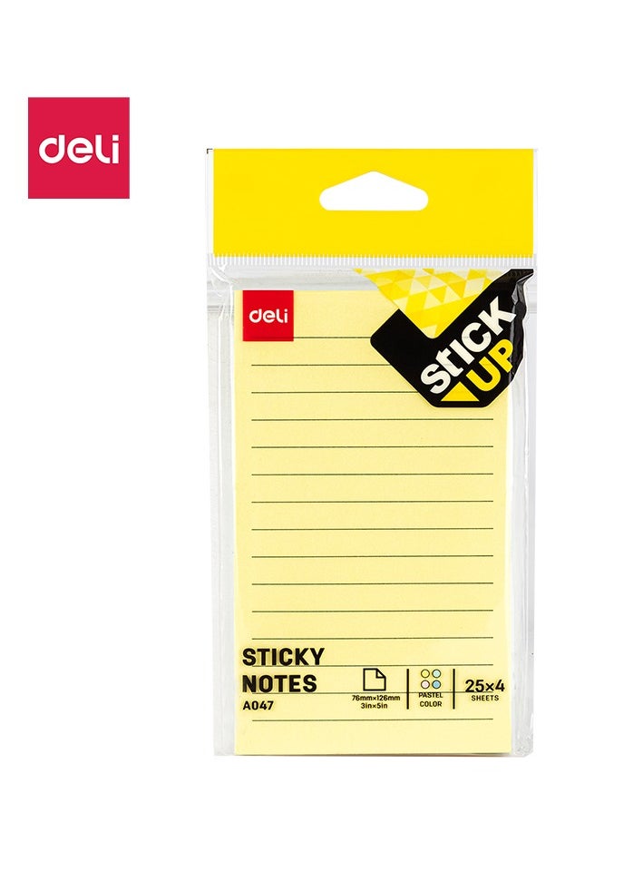 Deli Deli EA047 STICK UP 9-Line Sticky Notes 1 piece, 75gsm Paper, 76×126mm, Pink, Yellow, Blue, Green, 100 Sheets (4 Pads, 25 Sheets Each), To-Do List, Easy to Remove, Assorted  - Image 1