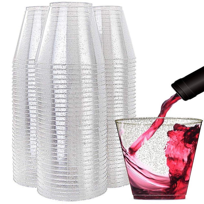 WDF 200pcs 9OZ Silver Cups Plastic Disposable Premium Wedding Silver Glitter Plastic Cups for Party