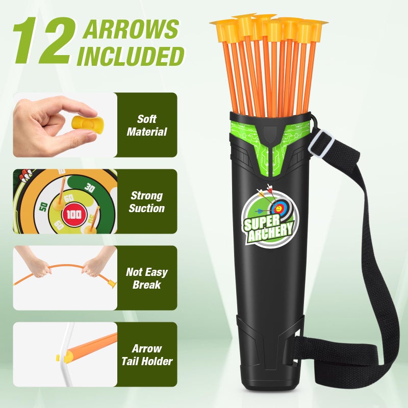 HYES Bow and Arrow for Kids, LED Light Up Archery Set with 12 Suction Cup Arrows, 1 Standing Target, 3 Score Targets & 1 Quiver, Indoor Outdoor Sport Gifts for Boys Girls Ages 4-12, Green - Image 4