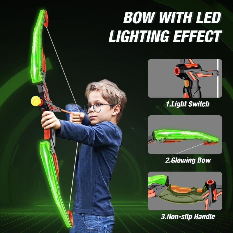 HYES Bow and Arrow for Kids, LED Light Up Archery Set with 12 Suction Cup Arrows, 1 Standing Target, 3 Score Targets & 1 Quiver, Indoor Outdoor Sport Gifts for Boys Girls Ages 4-12, Green - Image 3